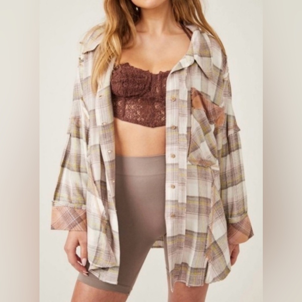 Free People Plaid Patchwork Ruffle Button-Up Flannel Shirt XS 💎EUC Retail $179